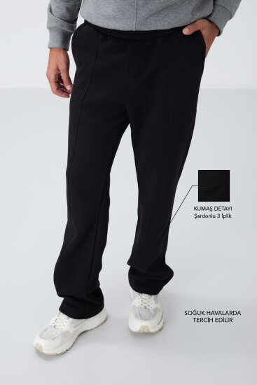 Siyah Pamuklu Kalın İçi Tüylü Yumuşak Dokulu Oversize Nakışlı Erkek Eşofman Altı -82146 - TOMMYLIFE