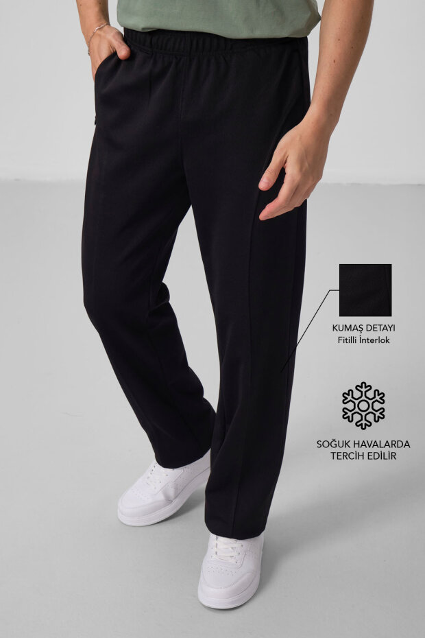Siyah Yüzeyi Dokulu Standart Fit Palazzo Erkek Pantolon - 82171 - 1