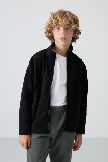 Siyah Kalın Yumuşak Dokulu Standart Fit Nakışlı Polar Erkek Çocuk Sweatshirt - 11223 