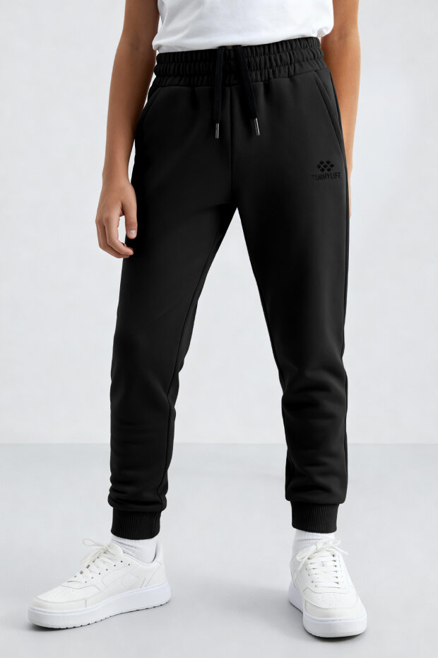 Siyah Standart Fit Manşetli İnce Erkek Çocuk Eşofman Alt - 11062 - 3