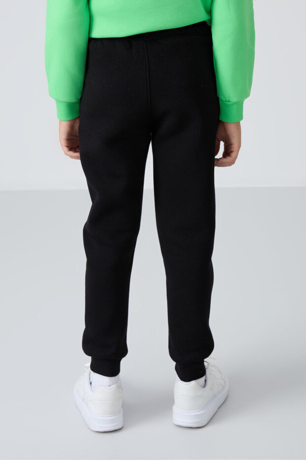 Siyah Pamuklu Kalın İçi Tüylü Standart Fit Nakışlı Erkek Çocuk Eşofman Alt - 11224 - 5