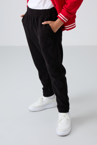 Siyah Kalın Yumuşak Dokulu Standart Fit Nakışlı Polar Erkek Çocuk Eşofman Alt - 11219 - TOMMYLIFE (1)