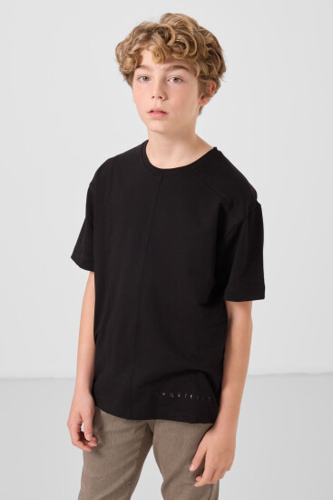 Siyah Pamuklu Yumuşak Dokulu Oversize Basic Erkek Çocuk T-Shirt - 11297 - Thumbnail