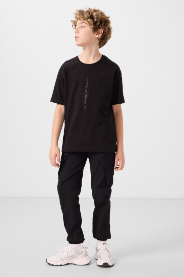 Siyah Pamuklu Yumuşak Dokulu Oversize Baskılı Erkek Çocuk T-Shirt - 11301 - TOMMYLIFE (1)
