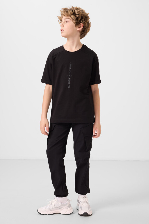 Siyah Pamuklu Yumuşak Dokulu Oversize Baskılı Erkek Çocuk T-Shirt - 11301 - 2