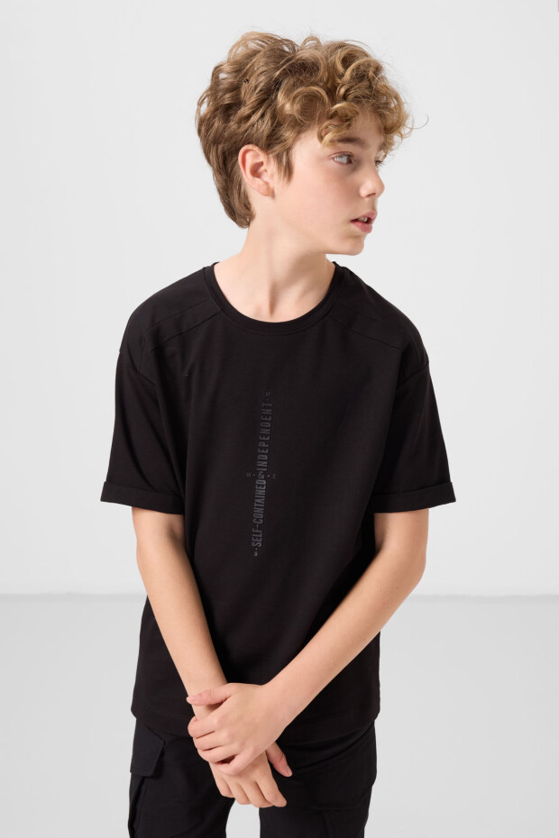 Siyah Pamuklu Yumuşak Dokulu Oversize Baskılı Erkek Çocuk T-Shirt - 11301 - 4