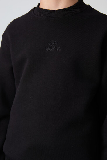 Siyah Pamuklu Kalın İçi Tüylü Yumuşak Dokulu Standart Fit Nakışlı Erkek Çocuk Sweatshirt - 11232 - TOMMYLIFE (1)