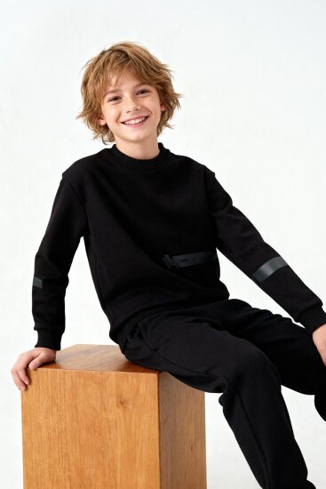 Siyah Pamuklu Kalın İçi Tüylü Yumuşak Dokulu Standart Fit Baskılı Erkek Çocuk Sweatshirt - 11238 