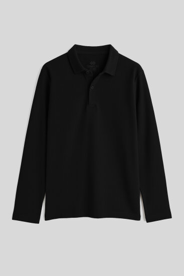 Siyah Polo Yaka Basic Uzun Kollu Unisex Çocuk T-Shirt - 11170 