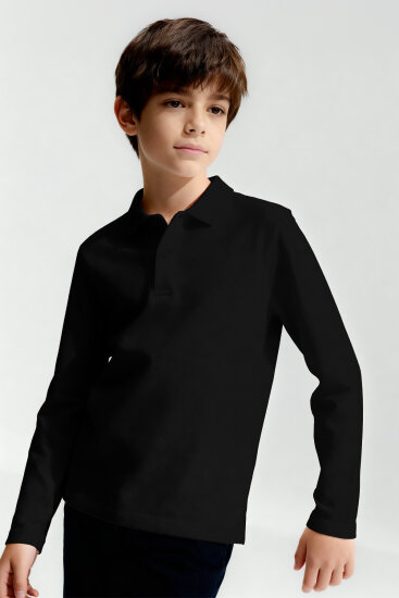 Siyah Polo Yaka Basic Uzun Kollu Unisex Çocuk T-Shirt - 11170 - TOMMYLIFE (1)