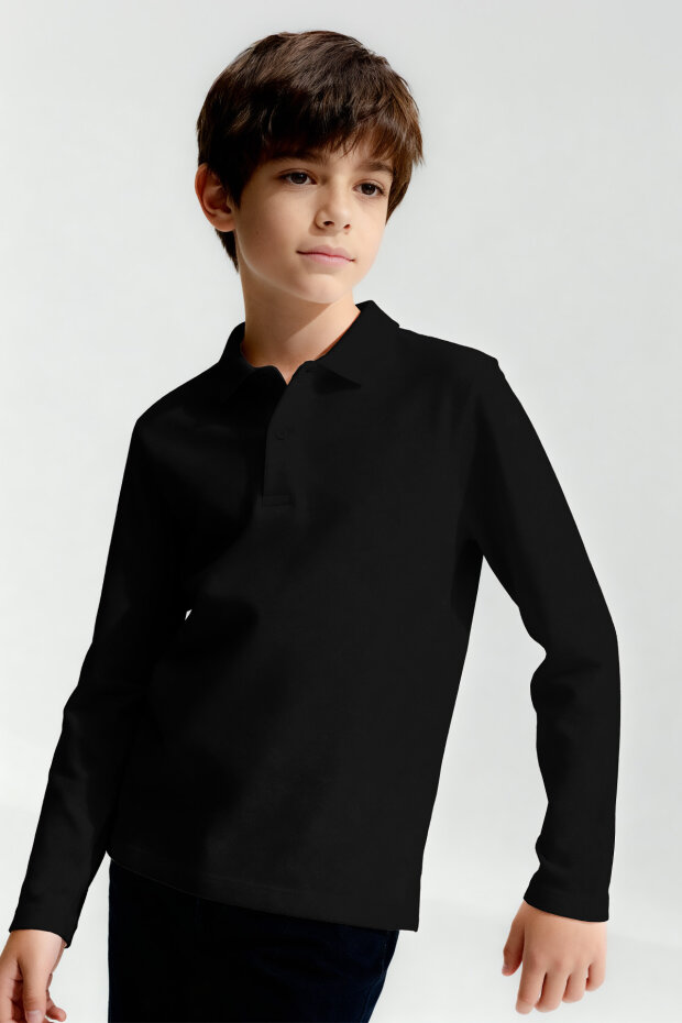 Siyah Polo Yaka Basic Uzun Kollu Unisex Çocuk T-Shirt - 11170 - 2