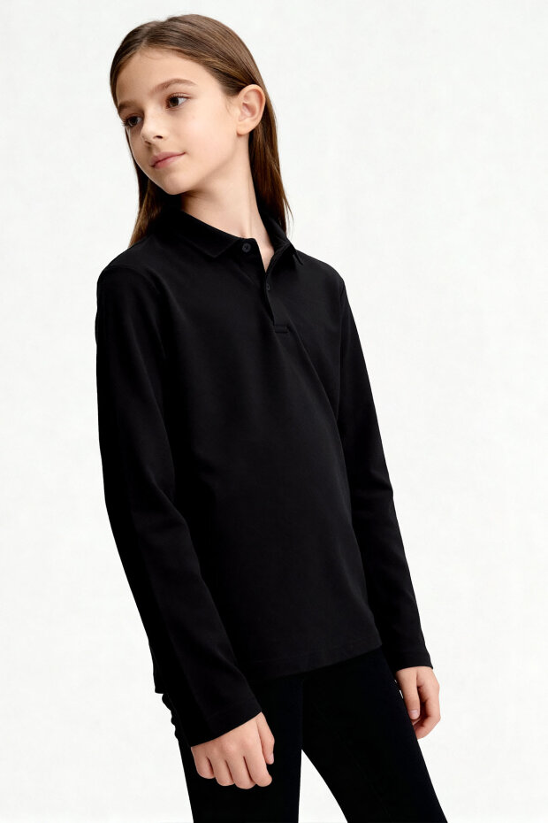 Siyah Polo Yaka Basic Uzun Kollu Unisex Çocuk T-Shirt - 11170 - 2