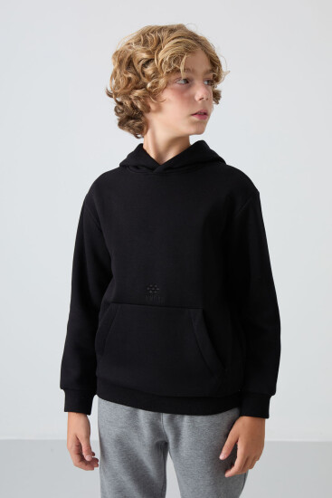 Siyah Pamuklu Kalın İçi Tüylü Yumuşak Dokulu Standart Fit Baskılı Erkek Çocuk Sweatshirt - 11215 