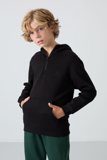 Siyah Pamuklu Kalın İçi Tüylü Yumuşak Dokulu Standart Fit Nakışlı Erkek Çocuk Sweatshirt - 11244 
