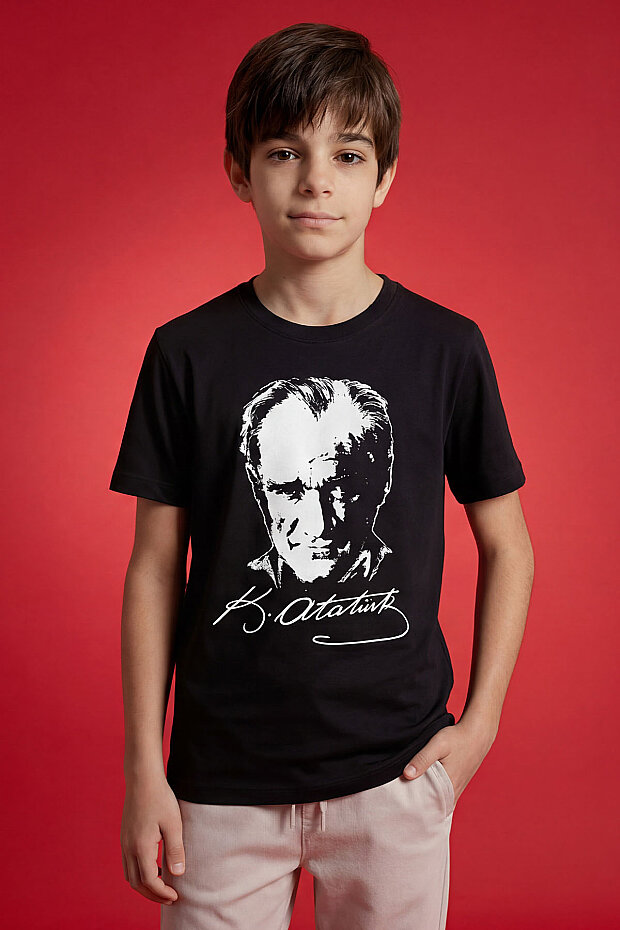 Siyah Atatürk Baskılı Unisex Çocuk T-Shirt - 11332 - 1