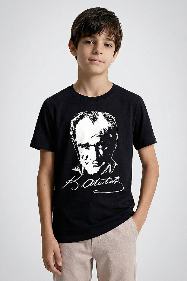 Siyah Atatürk Baskılı Unisex Çocuk T-Shirt - 11332 - 4
