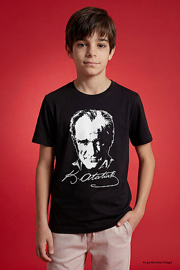 Siyah Atatürk Baskılı Unisex Çocuk T-Shirt - 11332 