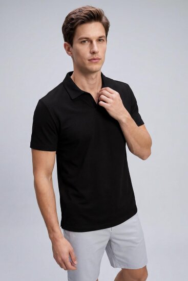 Siyah Rahat Form Yumuşak Dokulu Polo Yaka Erkek T-Shirt - 88496 