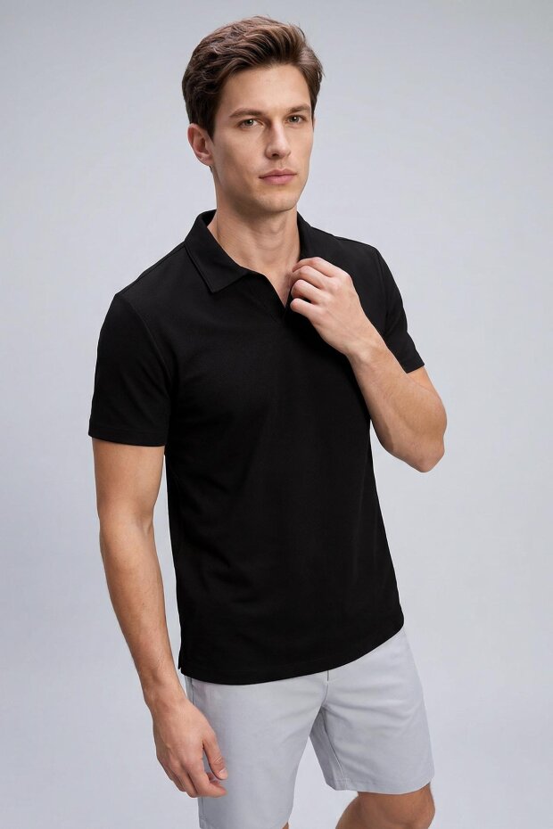 Siyah Rahat Form Yumuşak Dokulu Polo Yaka Erkek T-Shirt - 88496 - 1