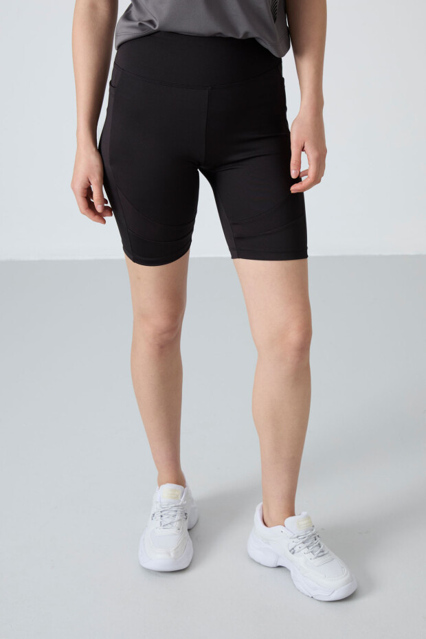 Siyah Esnek Standart Fit Performans Kadın Biker Tayt - 91012 - 5
