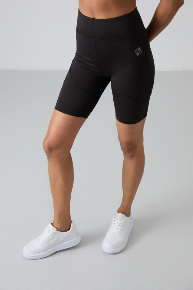 Siyah Esnek Standart Fit Performans Kadın Biker Tayt - 91013 - 3