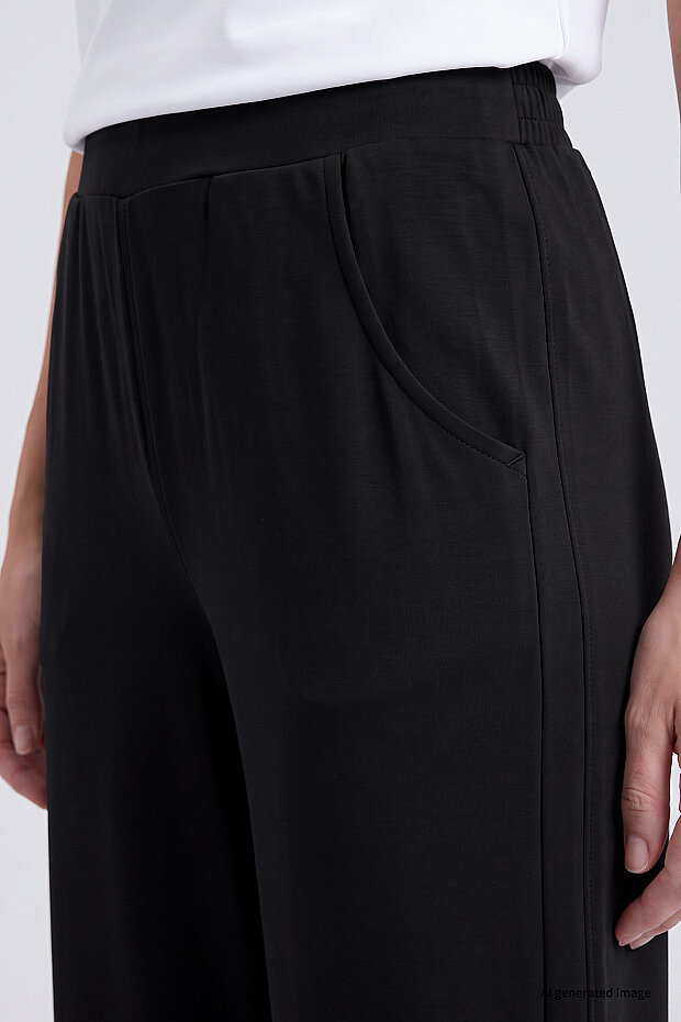 Siyah Geniş Paça Pileli Kadın Pantolon - 94688 - 6