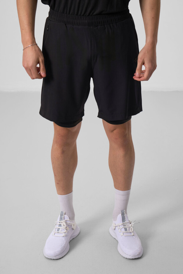Siyah İnce Yumuşak Standart Fit Erkek Taytlı Şort - 81287 - 3
