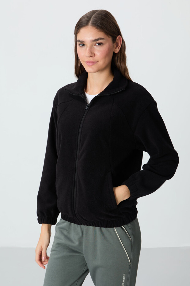 Siyah Kalın Yumuşak Dokulu Dik Yaka Oversize Nakışlı Polar Kadın Sweatshirt - 97293 - 3