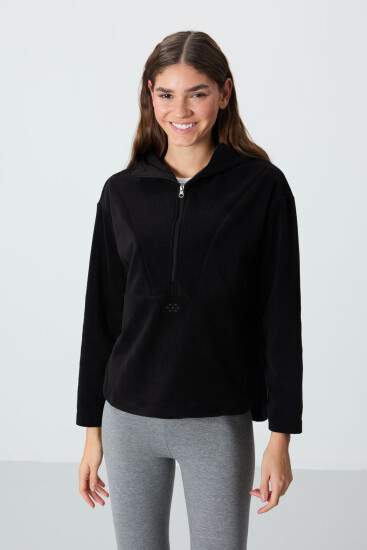 Siyah Kalın Yumuşak Dokulu Kapüşonlu Standart Kalıp Nakışlı Polar Kadın Sweatshirt -97286 