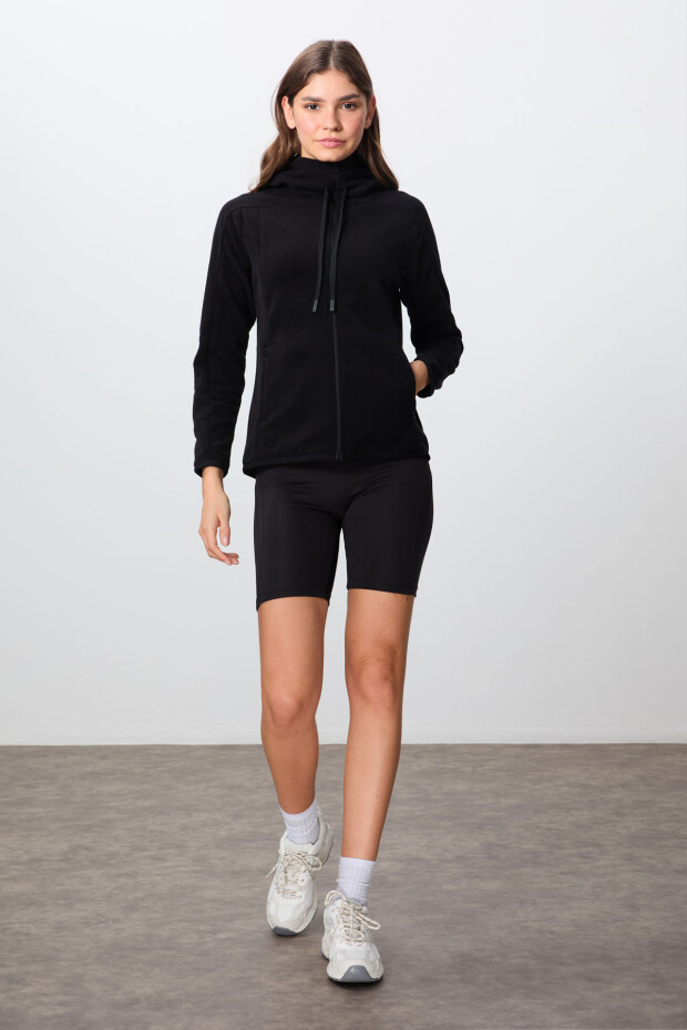 Siyah Kalın Yumuşak Dokulu Kapüşonlu Standart Fit Nakışlı Polar Kadın Sweatshirt -97287 - 2