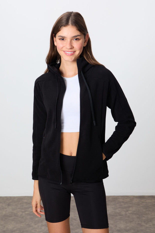 Siyah Kalın Yumuşak Dokulu Kapüşonlu Standart Fit Nakışlı Polar Kadın Sweatshirt -97287 - 4