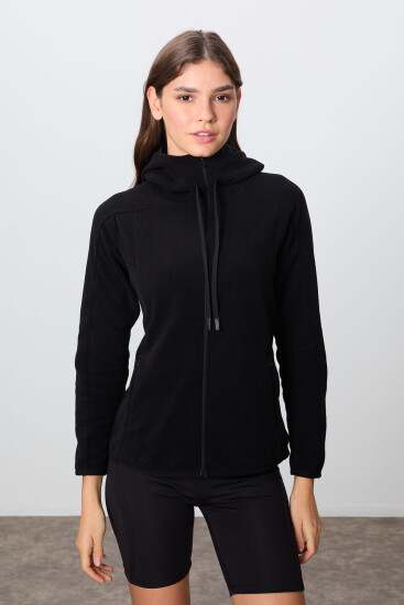 Siyah Kalın Yumuşak Dokulu Kapüşonlu Standart Fit Nakışlı Polar Kadın Sweatshirt -97287 