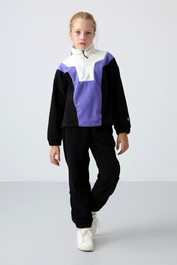 Siyah Kalın Yumuşak Dokulu Rahat Form Nakışlı Polar Kız Çocuk Sweatshirt - 75153 - 2