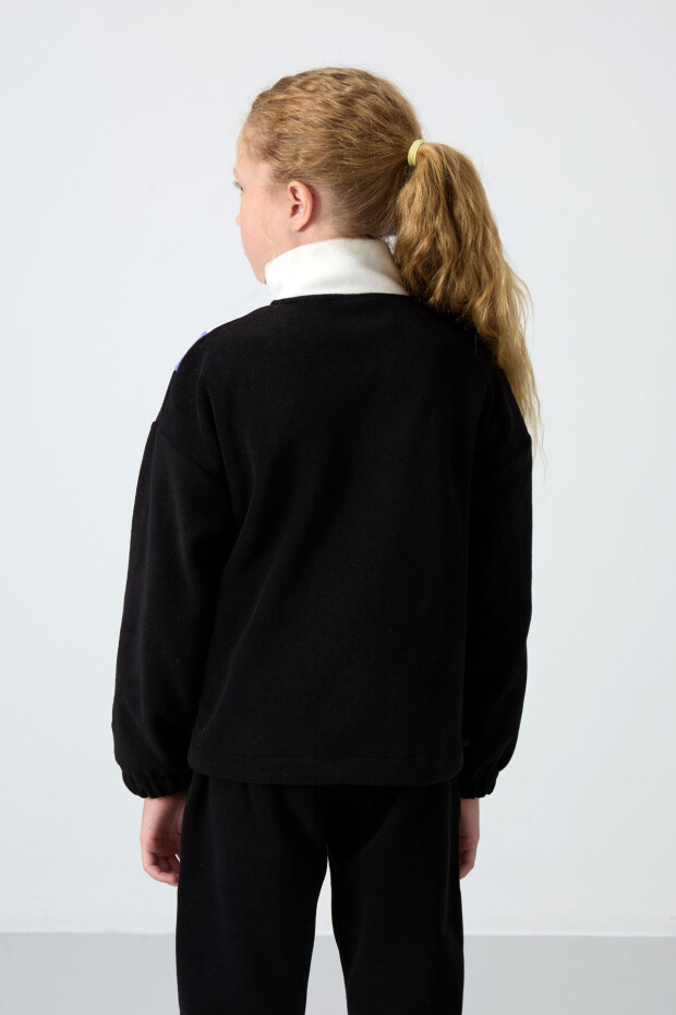 Siyah Kalın Yumuşak Dokulu Rahat Form Nakışlı Polar Kız Çocuk Sweatshirt - 75153 - 5