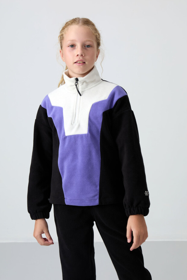 Siyah Kalın Yumuşak Dokulu Rahat Form Nakışlı Polar Kız Çocuk Sweatshirt - 75153 - 4