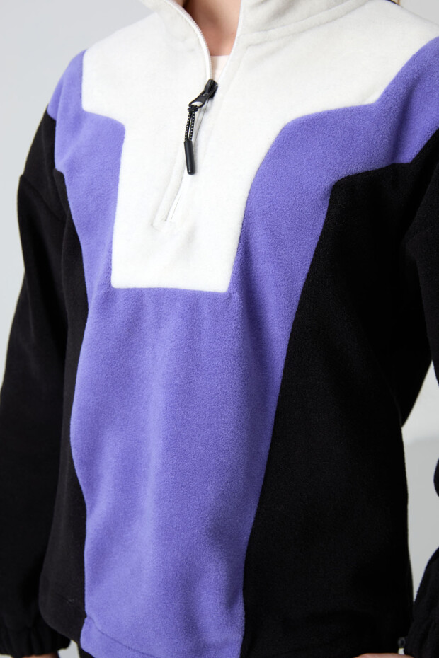 Siyah Kalın Yumuşak Dokulu Rahat Form Nakışlı Polar Kız Çocuk Sweatshirt - 75153 - 3
