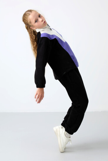Siyah Kalın Yumuşak Dokulu Rahat Form Nakışlı Polar Kız Çocuk Sweatshirt - 75153 