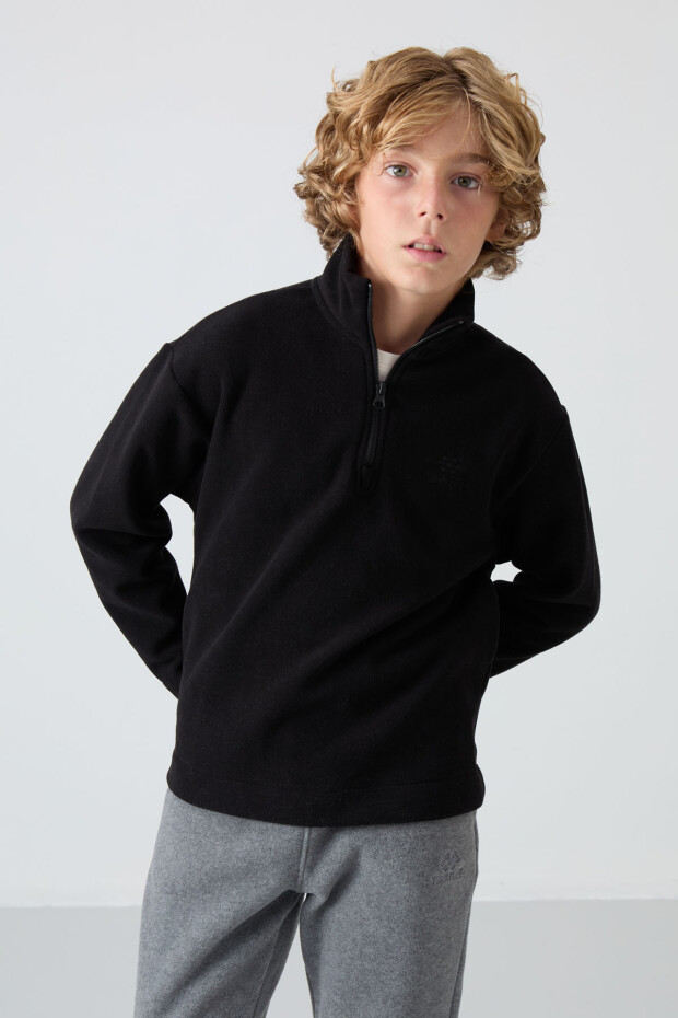 Siyah Kalın Yumuşak Dokulu Standart Fit Nakışlı Polar Erkek Çocuk Sweatshirt - 11221 - 4