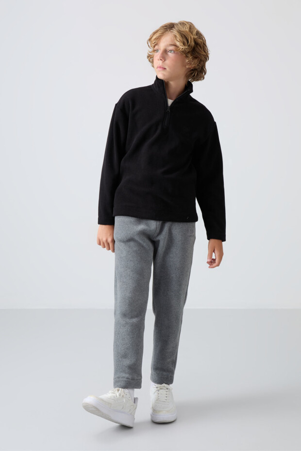 Siyah Kalın Yumuşak Dokulu Standart Fit Nakışlı Polar Erkek Çocuk Sweatshirt - 11221 - 2