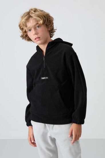Siyah Kalın Yumuşak Dokulu Standart Fit Nakışlı Polar Erkek Çocuk Sweatshirt - 11230 
