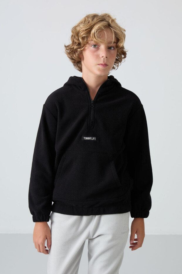 Siyah Kalın Yumuşak Dokulu Standart Fit Nakışlı Polar Erkek Çocuk Sweatshirt - 11230 - 3