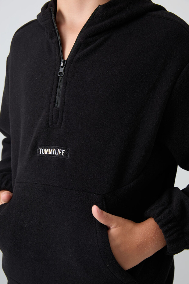 Siyah Kalın Yumuşak Dokulu Standart Fit Nakışlı Polar Erkek Çocuk Sweatshirt - 11230 - 2