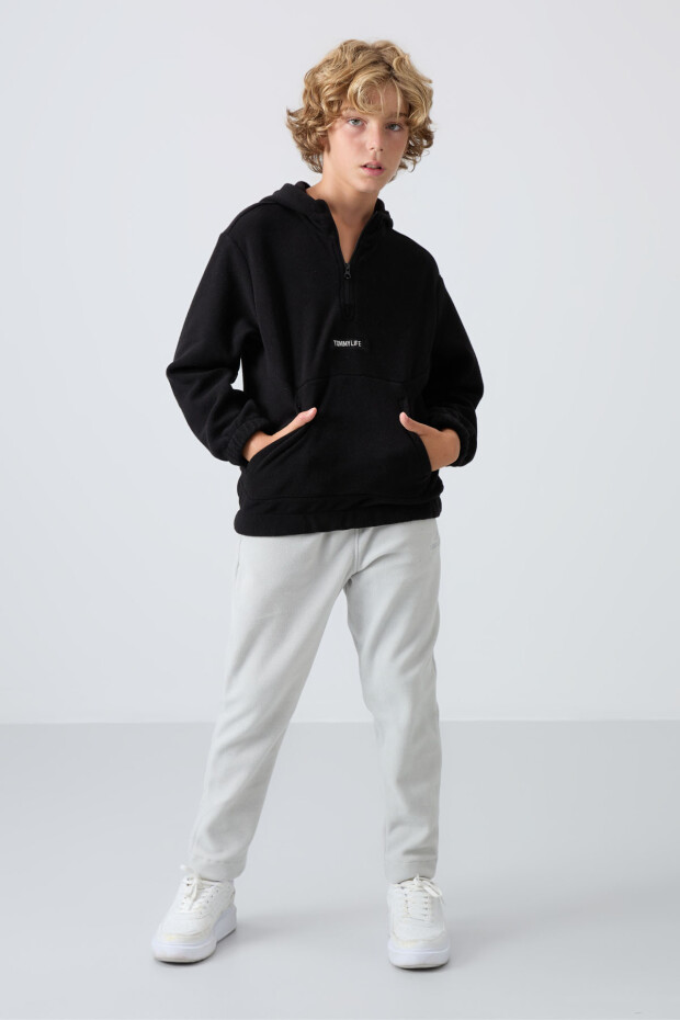 Siyah Kalın Yumuşak Dokulu Standart Fit Nakışlı Polar Erkek Çocuk Sweatshirt - 11230 - 4