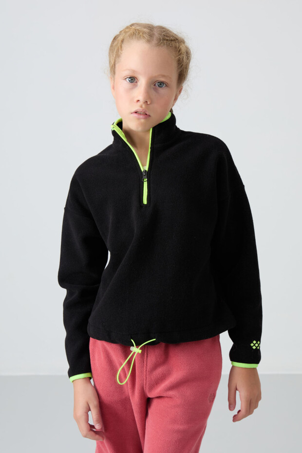 Siyah Kalın Yumuşak Dokulu Standart Fit Nakışlı Polar Kız Çocuk Sweatshirt - 75151 - 3