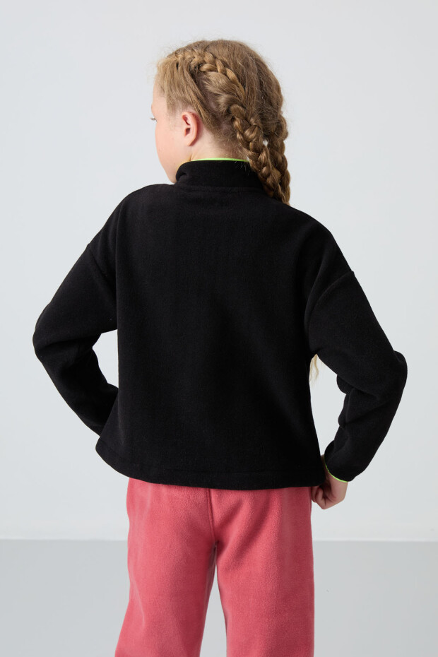 Siyah Kalın Yumuşak Dokulu Standart Fit Nakışlı Polar Kız Çocuk Sweatshirt - 75151 - 5