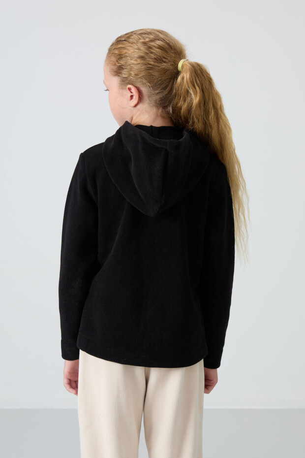 Siyah Kalın Yumuşak Dokulu Standart Fit Nakışlı Polar Kız Çocuk Sweatshirt - 75152 - 5