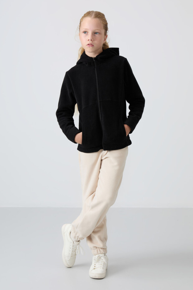 Siyah Kalın Yumuşak Dokulu Standart Fit Nakışlı Polar Kız Çocuk Sweatshirt - 75152 - 2