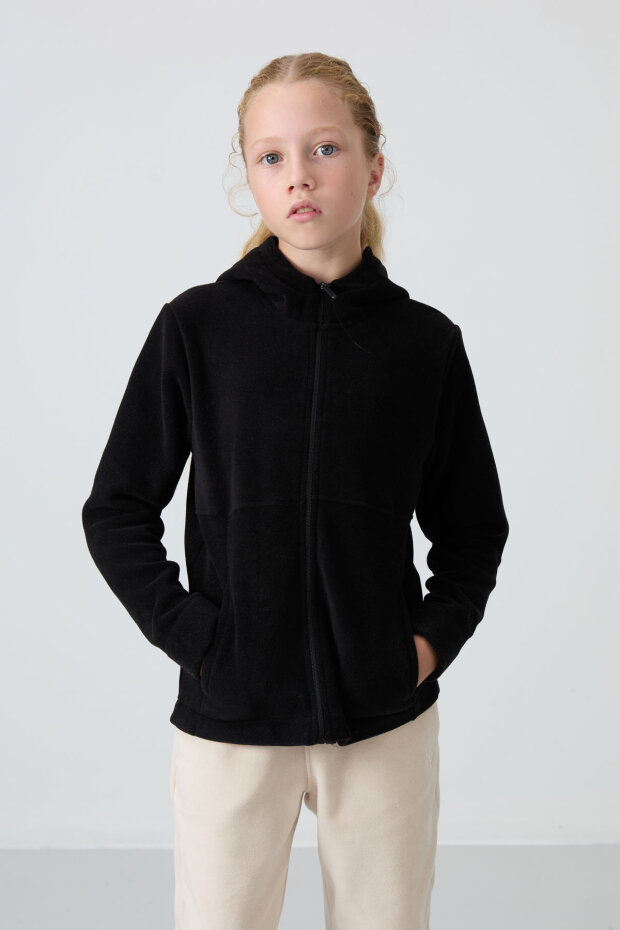 Siyah Kalın Yumuşak Dokulu Standart Fit Nakışlı Polar Kız Çocuk Sweatshirt - 75152 - 3
