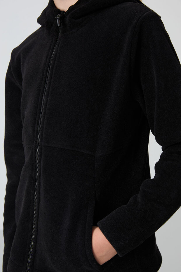 Siyah Kalın Yumuşak Dokulu Standart Fit Nakışlı Polar Kız Çocuk Sweatshirt - 75152 - 4