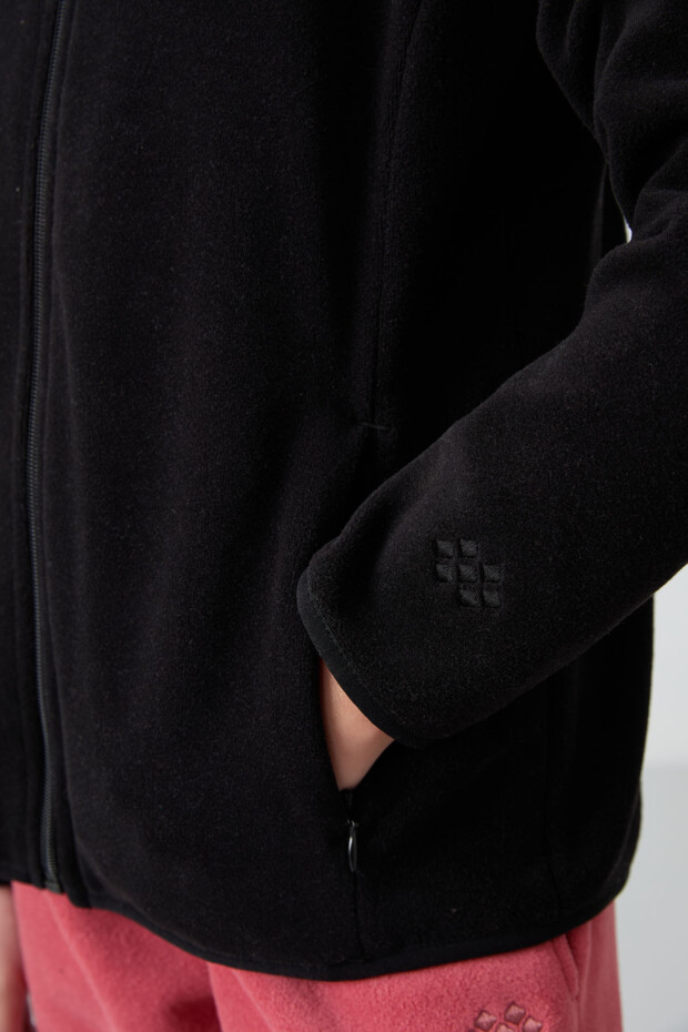 Siyah Kalın Yumuşak Dokulu Standart Fit Nakışlı Polar Kız Çocuk Sweatshirt - 75154 - 4
